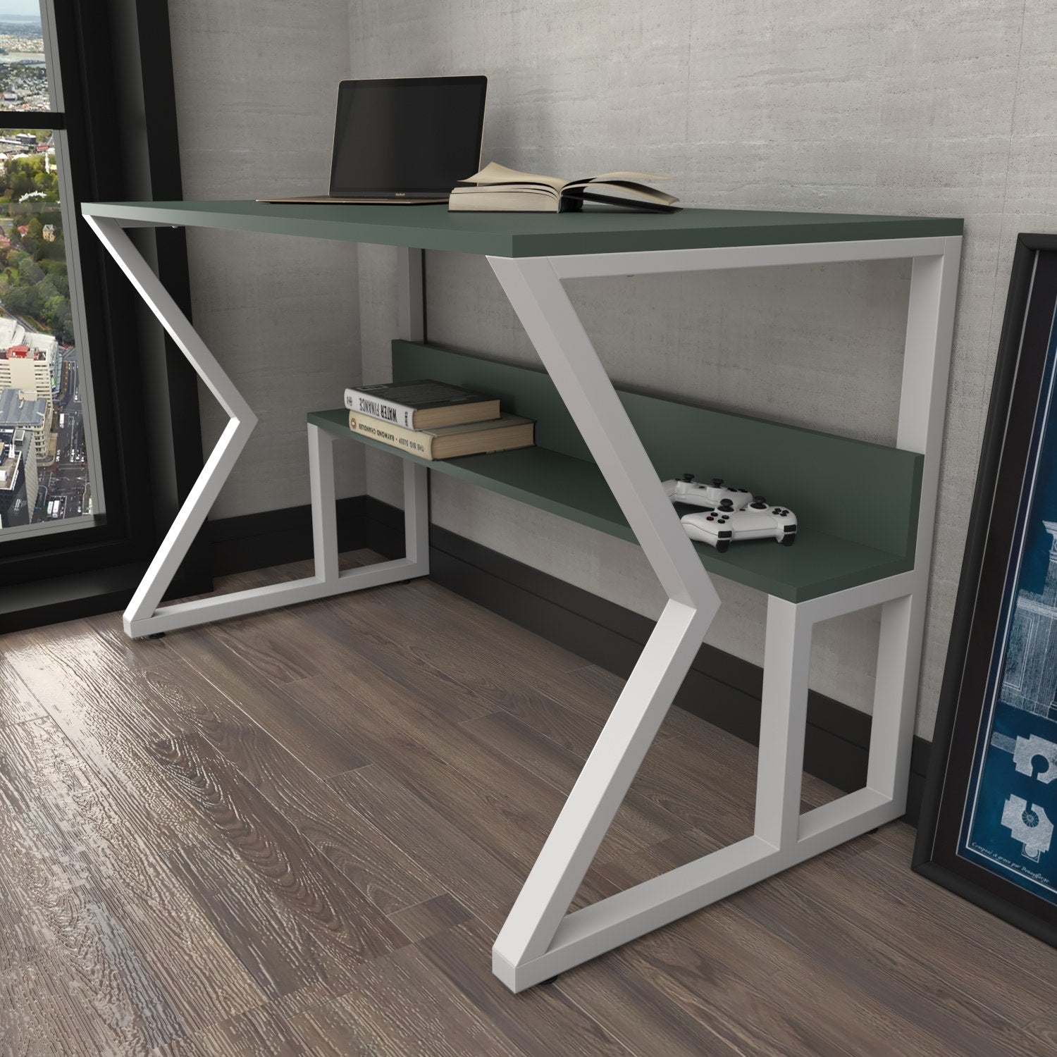 Secretária de Estudo/Escritório Elegante, Verde e Branca, 120 x 72,8 x 60 cm | Painel de Partículas 100% Revestido em Melamina, 18 mm de Espessura | Perfeita para Escritórios e Salas de Estudo Modernos