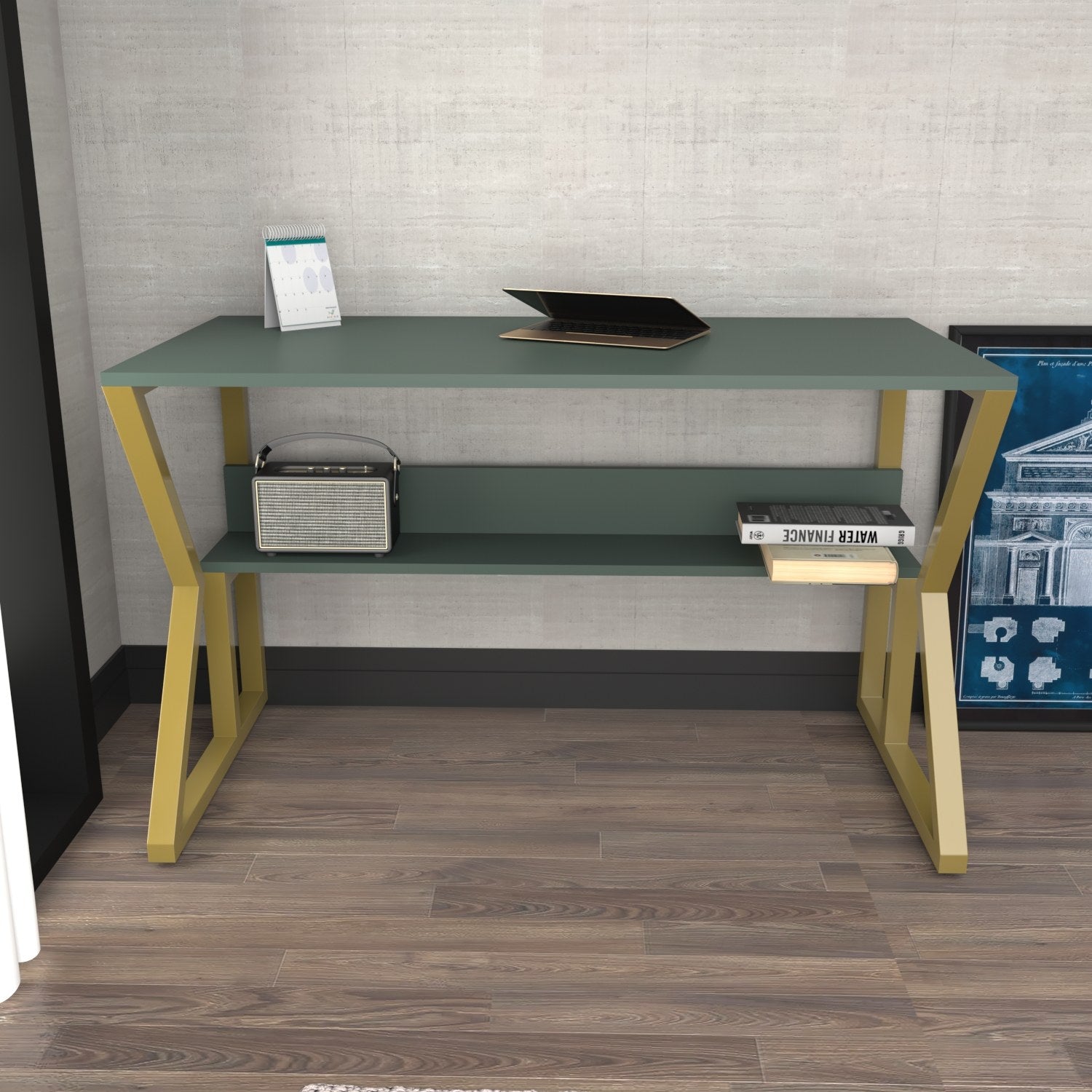 Secretária de Estudo/Escritório Elegante, Verde e Dourado, 120 x 60 x 72,8 cm | Painel de Partículas 100% Revestido em Melamina, 18 mm de Espessura | Perfeita para Escritórios e Salas de Estudo Modernos