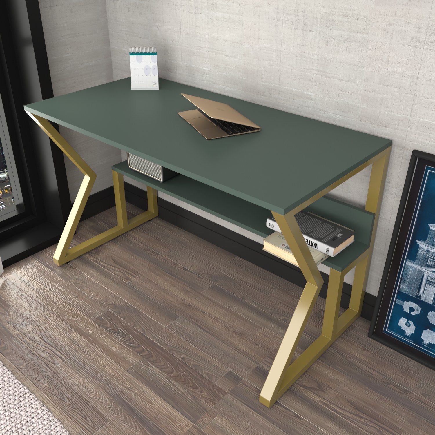 Secretária de Estudo/Escritório Elegante, Verde e Dourado, 120 x 60 x 72,8 cm | Painel de Partículas 100% Revestido em Melamina, 18 mm de Espessura | Perfeita para Escritórios e Salas de Estudo Modernos