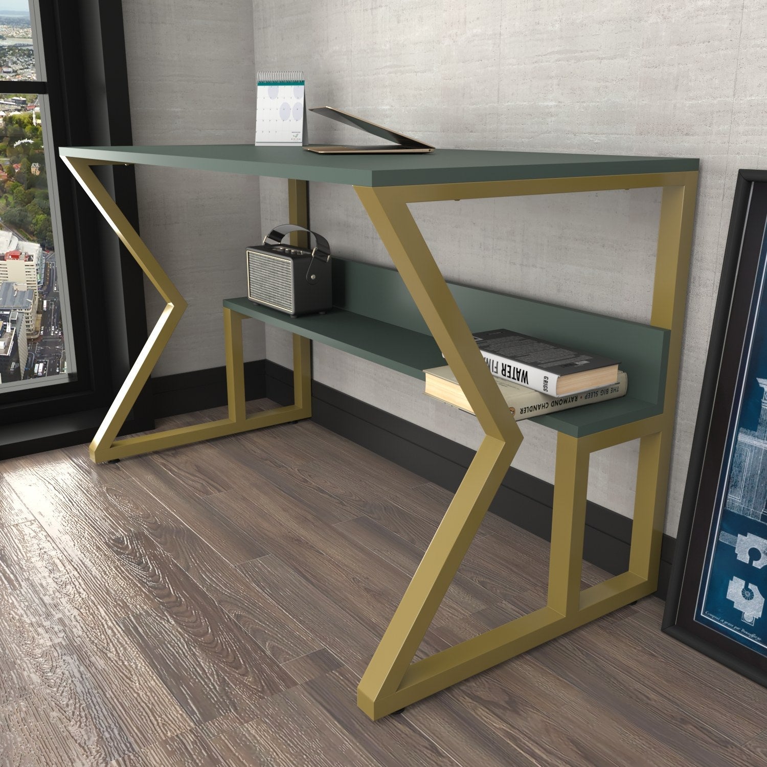Secretária de Estudo/Escritório Elegante, Verde e Dourado, 120 x 60 x 72,8 cm | Painel de Partículas 100% Revestido em Melamina, 18 mm de Espessura | Perfeita para Escritórios e Salas de Estudo Modernos