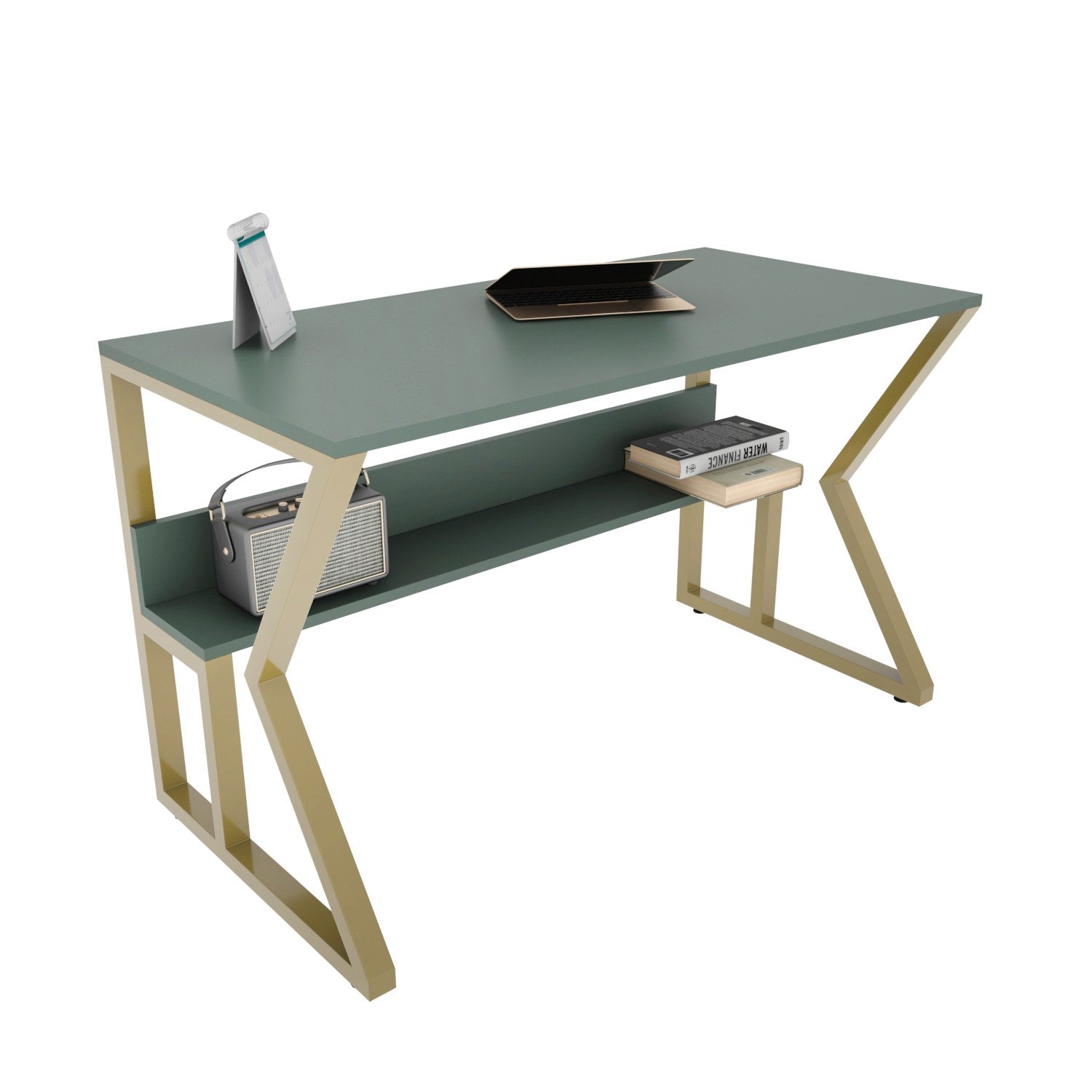 Secretária de Estudo/Escritório Elegante, Verde e Dourado, 120 x 60 x 72,8 cm | Painel de Partículas 100% Revestido em Melamina, 18 mm de Espessura | Perfeita para Escritórios e Salas de Estudo Modernos