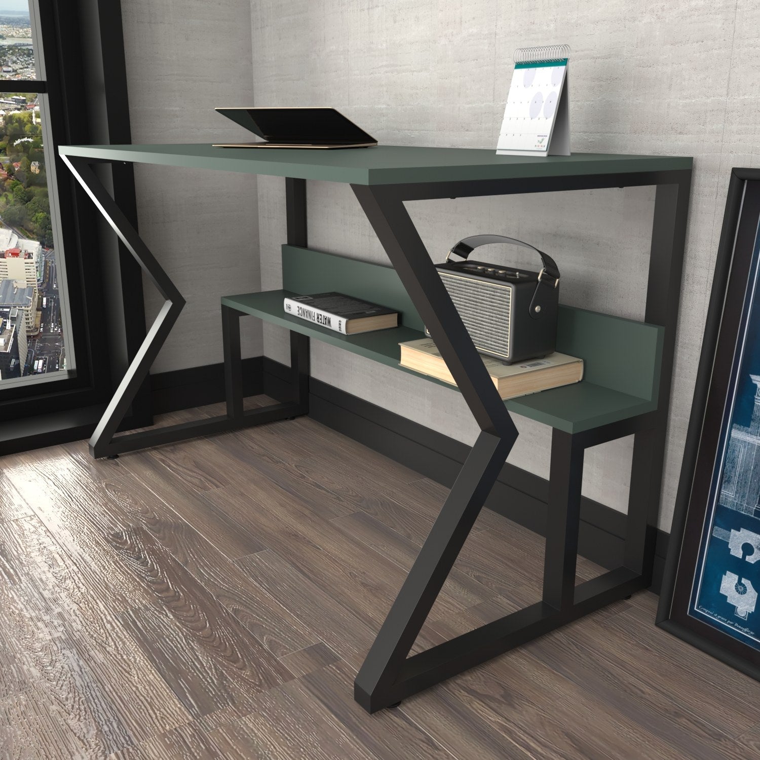 Secretária de Estudo/Escritório Elegante, Verde e Preta, 120 x 60 x 72,8 cm | Painel de Partículas 100% Revestido em Melamina, 18 mm de Espessura | Perfeita para Escritórios e Salas de Estudo Modernos