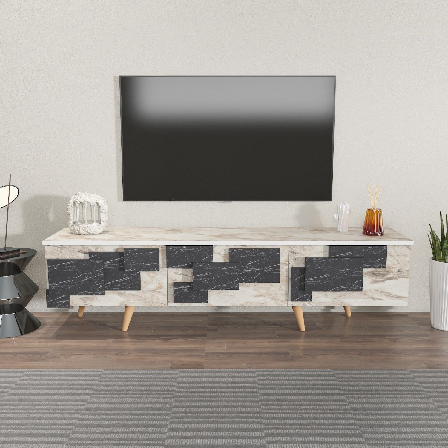 Móvel de TV elegante, branco e mármore, 160 x 45 x 35 cm | Painel de partículas 100% revestido de melamina, 18 mm de espessura | Design moderno para salas de estar e espaços de entretenimento