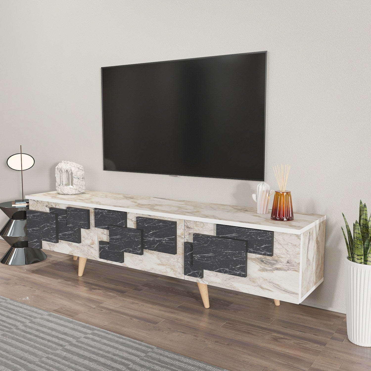 Móvel de TV elegante, branco e mármore, 160 x 45 x 35 cm | Painel de partículas 100% revestido de melamina, 18 mm de espessura | Design moderno para salas de estar e espaços de entretenimento