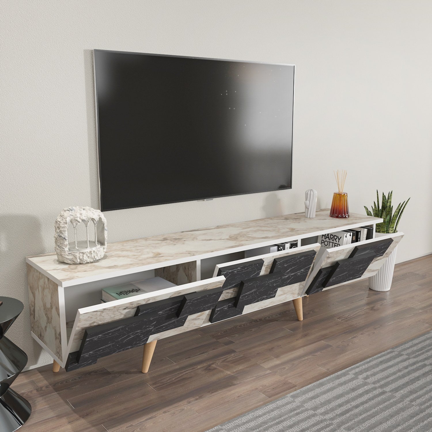 Móvel de TV elegante, branco e mármore, 160 x 45 x 35 cm | Painel de partículas 100% revestido de melamina, 18 mm de espessura | Design moderno para salas de estar e espaços de entretenimento