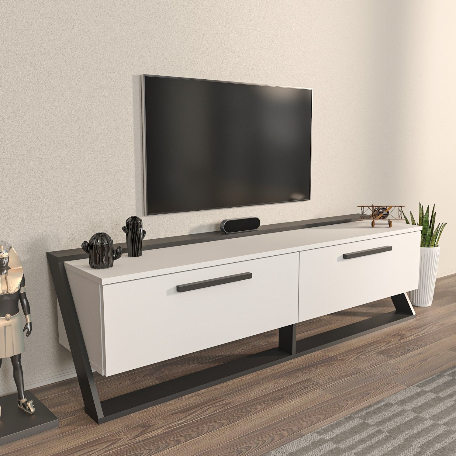 Móvel de TV elegante, branco e preto, 163,8 x 46,8 x 36,6 cm | Painel de partículas 100% revestido de melamina, 18 mm de espessura | Design moderno para salas de estar e espaços de entretenimento