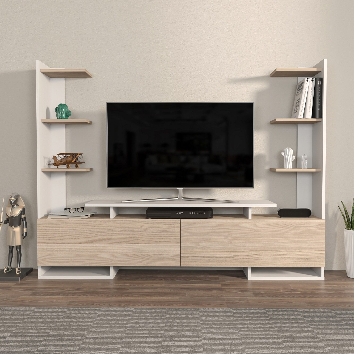Móvel de TV elegante, branco e carvalho, 183,6 x 140 x 31,7 cm | Painel de partículas 100% revestido de melamina, 18 mm de espessura | Design moderno para salas de estar e espaços de entretenimento