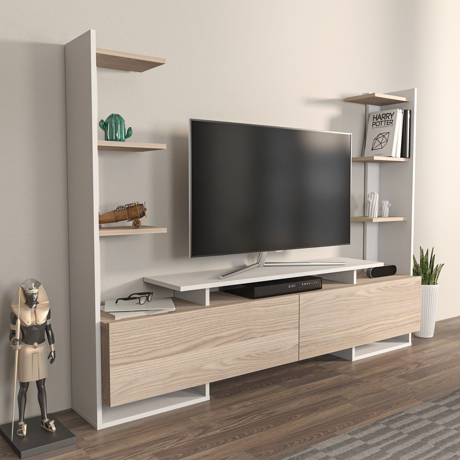 Móvel de TV elegante, branco e carvalho, 183,6 x 140 x 31,7 cm | Painel de partículas 100% revestido de melamina, 18 mm de espessura | Design moderno para salas de estar e espaços de entretenimento