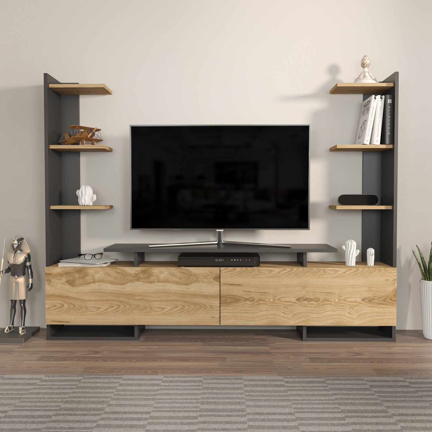 Móvel de TV elegante, carvalho e preto, 183,6 x 140 x 31,7 cm | Painel de partículas 100% revestido de melamina, 18 mm de espessura | Design moderno para salas de estar e espaços de entretenimento