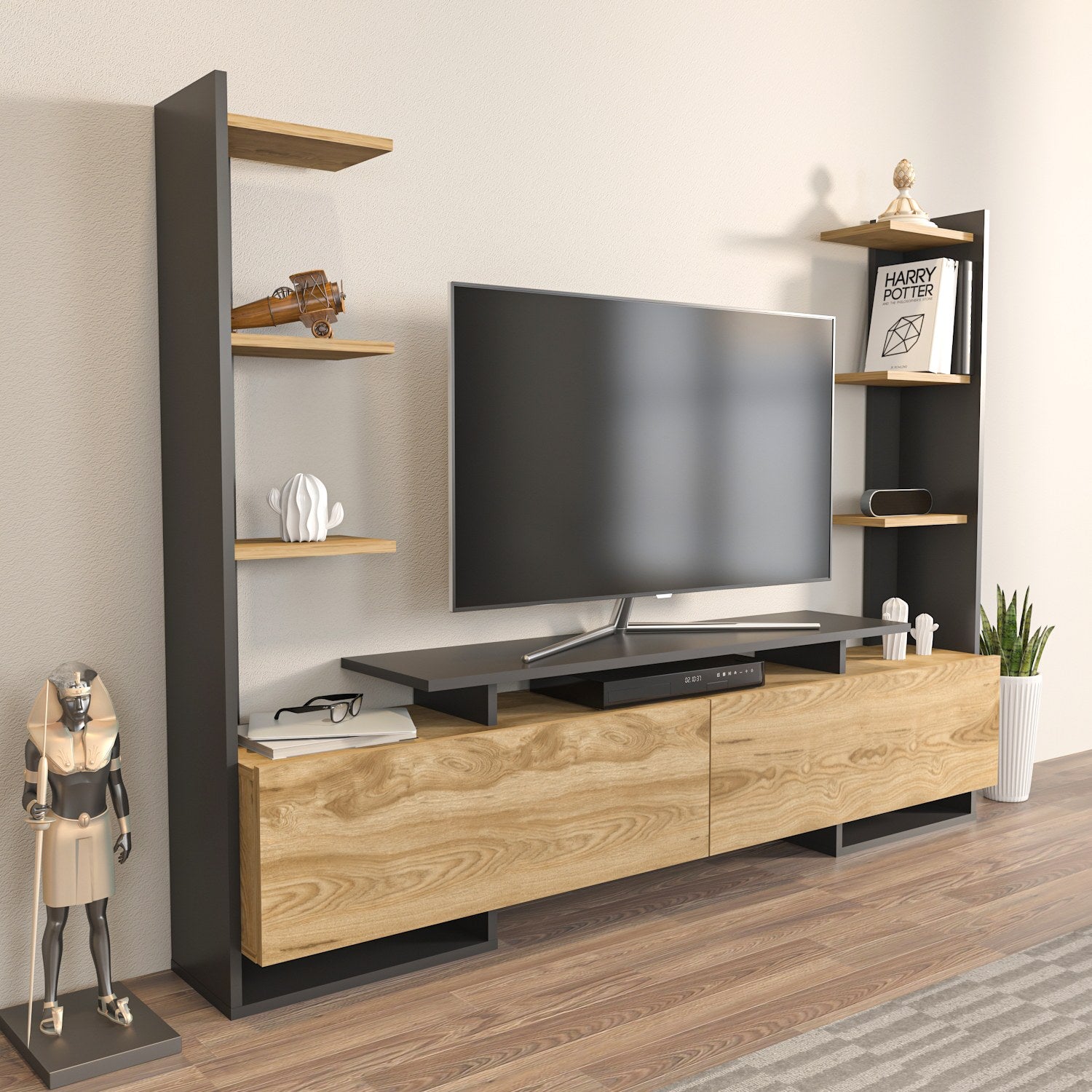 Móvel de TV elegante, carvalho e preto, 183,6 x 140 x 31,7 cm | Painel de partículas 100% revestido de melamina, 18 mm de espessura | Design moderno para salas de estar e espaços de entretenimento