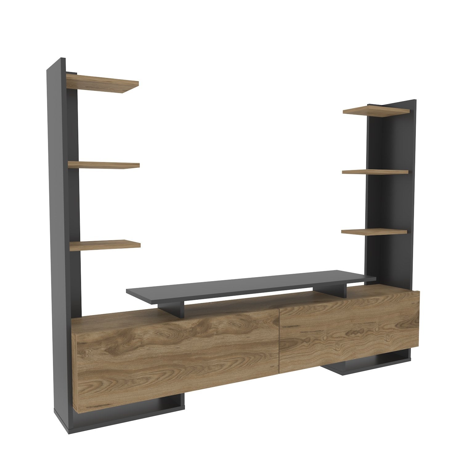 Móvel de TV elegante, carvalho e preto, 183,6 x 140 x 31,7 cm | Painel de partículas 100% revestido de melamina, 18 mm de espessura | Design moderno para salas de estar e espaços de entretenimento