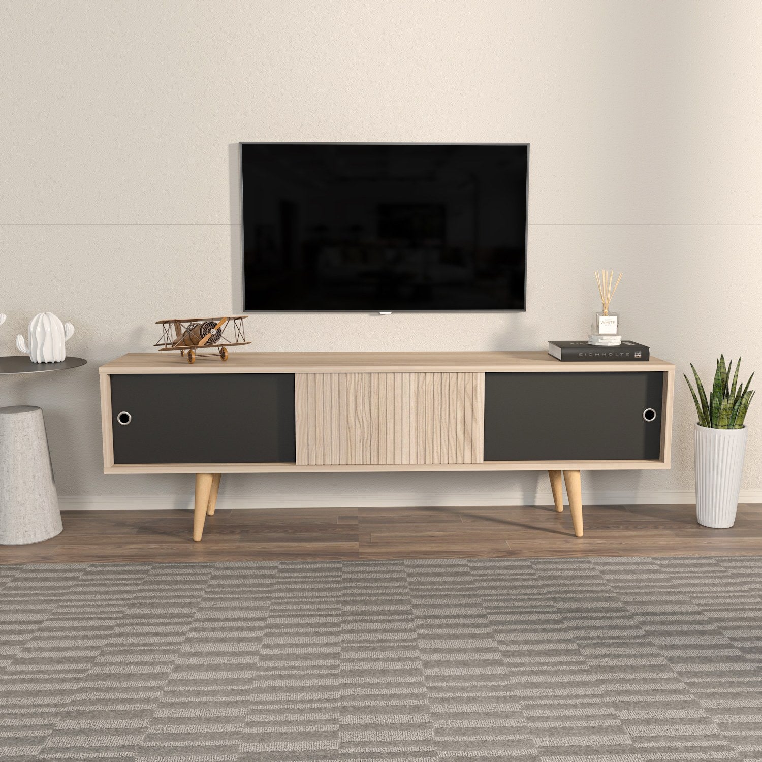 Móvel de TV elegante, carvalho e preto, 160 cm x 45 cm x 34,5 cm | Painel de partículas 100% revestido de melamina, 18 mm de espessura | Design moderno para salas de estar e espaços de entretenimento