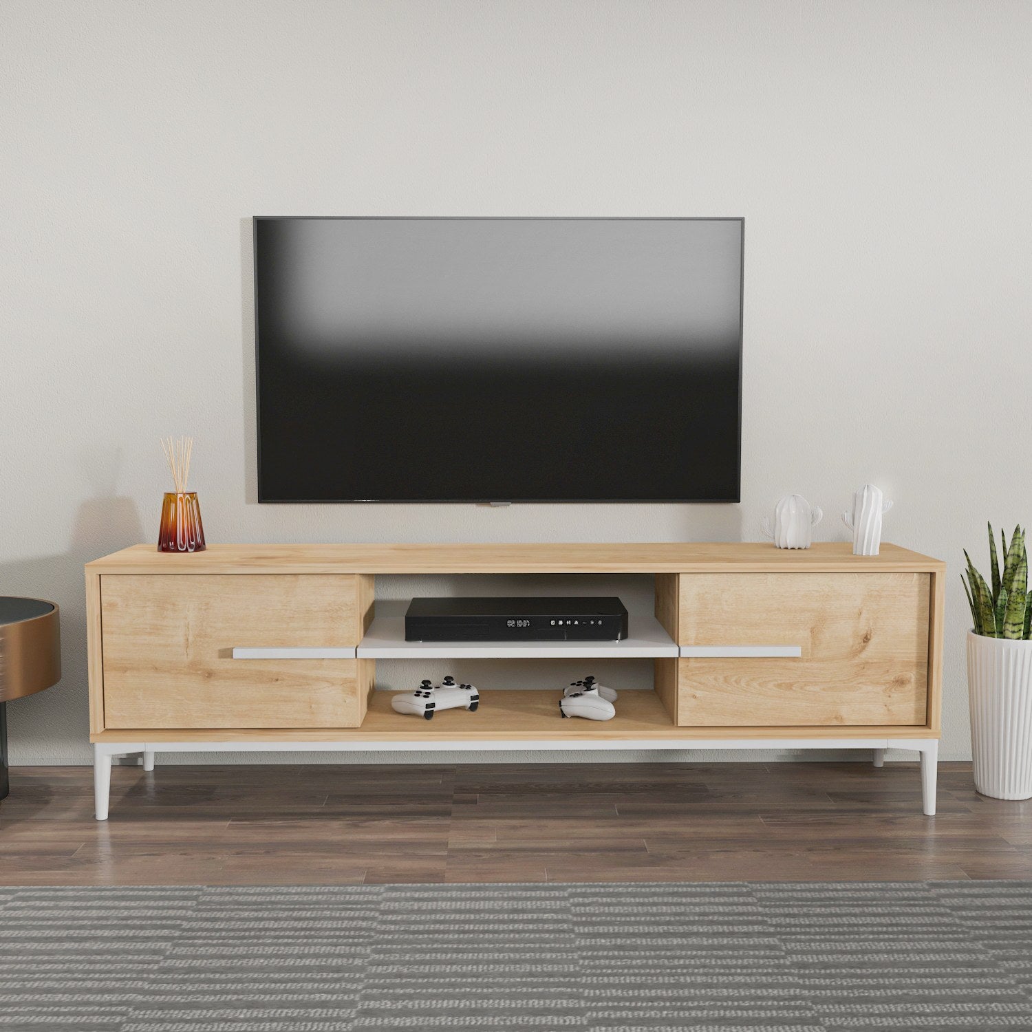 Móvel de TV elegante, carvalho e branco, 120 x 43,6 x 29,6 cm | Painel de partículas 100% revestido de melamina, 18 mm de espessura | Design moderno para salas de estar e espaços de entretenimento