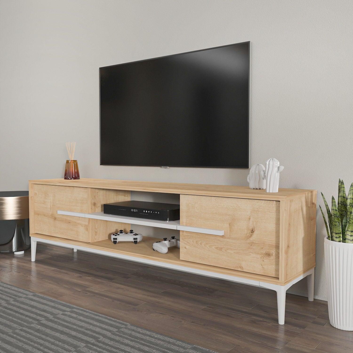 Móvel de TV elegante, carvalho e branco, 120 x 43,6 x 29,6 cm | Painel de partículas 100% revestido de melamina, 18 mm de espessura | Design moderno para salas de estar e espaços de entretenimento