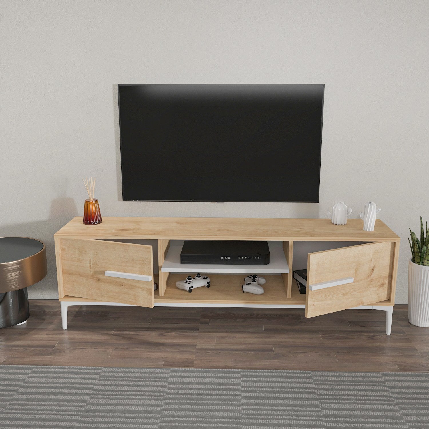 Móvel de TV elegante, carvalho e branco, 120 x 43,6 x 29,6 cm | Painel de partículas 100% revestido de melamina, 18 mm de espessura | Design moderno para salas de estar e espaços de entretenimento