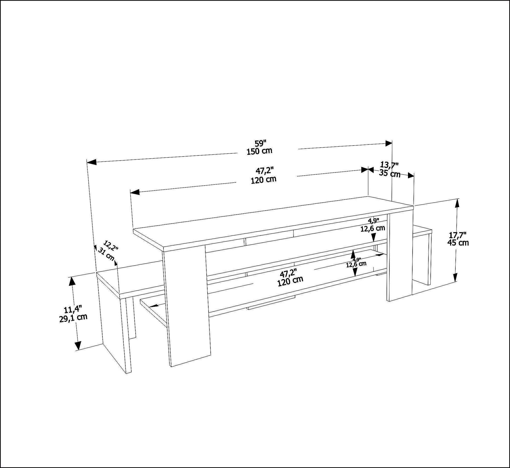 Móvel de TV elegante, 150 cm de largura, branco e nogueira, 45 cm de altura, 35 cm de profundidade | Painel de partículas 100% revestido de melamina, 18 mm de espessura | Design moderno para sala de estar