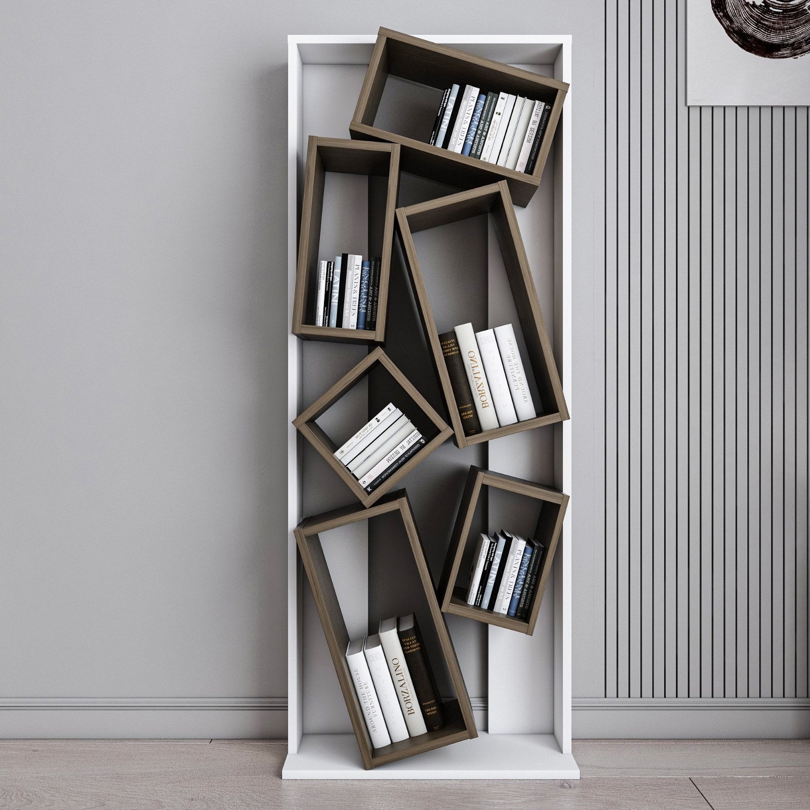 Estante elegante, branca e nogueira, 63 x 153,6 x 24 cm | Painel de partículas 100% revestido de melamina, 18 mm de espessura | Armazenamento elegante para casa e escritório