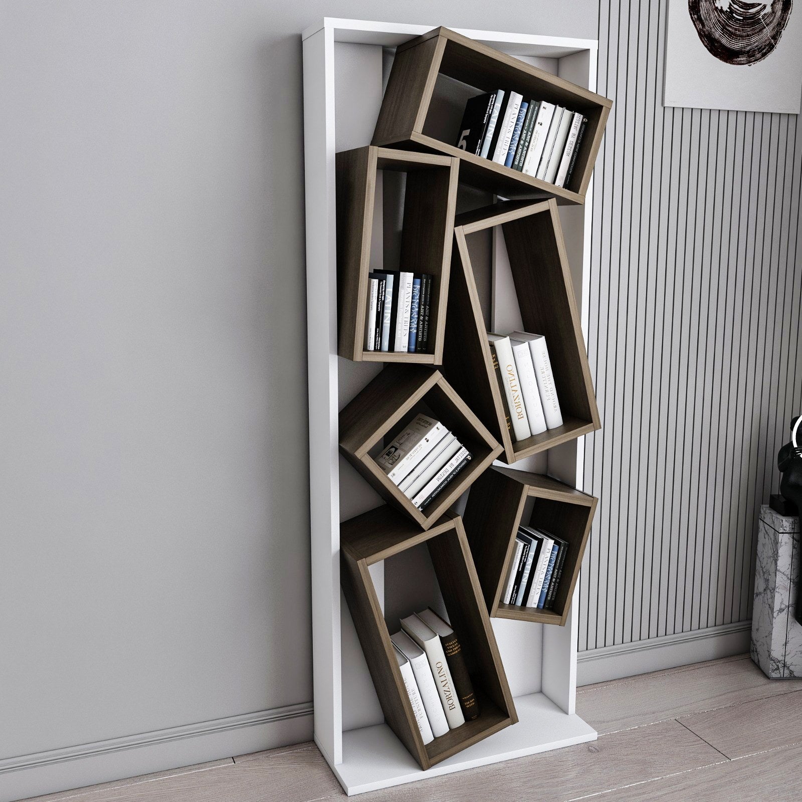 Estante elegante, branca e nogueira, 63 x 153,6 x 24 cm | Painel de partículas 100% revestido de melamina, 18 mm de espessura | Armazenamento elegante para casa e escritório