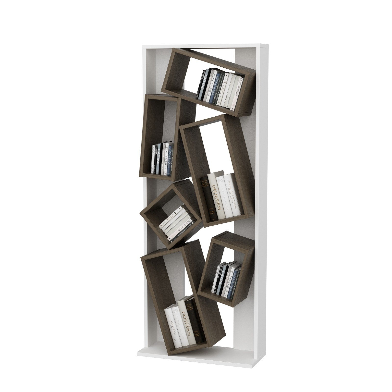 Estante elegante, branca e nogueira, 63 x 153,6 x 24 cm | Painel de partículas 100% revestido de melamina, 18 mm de espessura | Armazenamento elegante para casa e escritório
