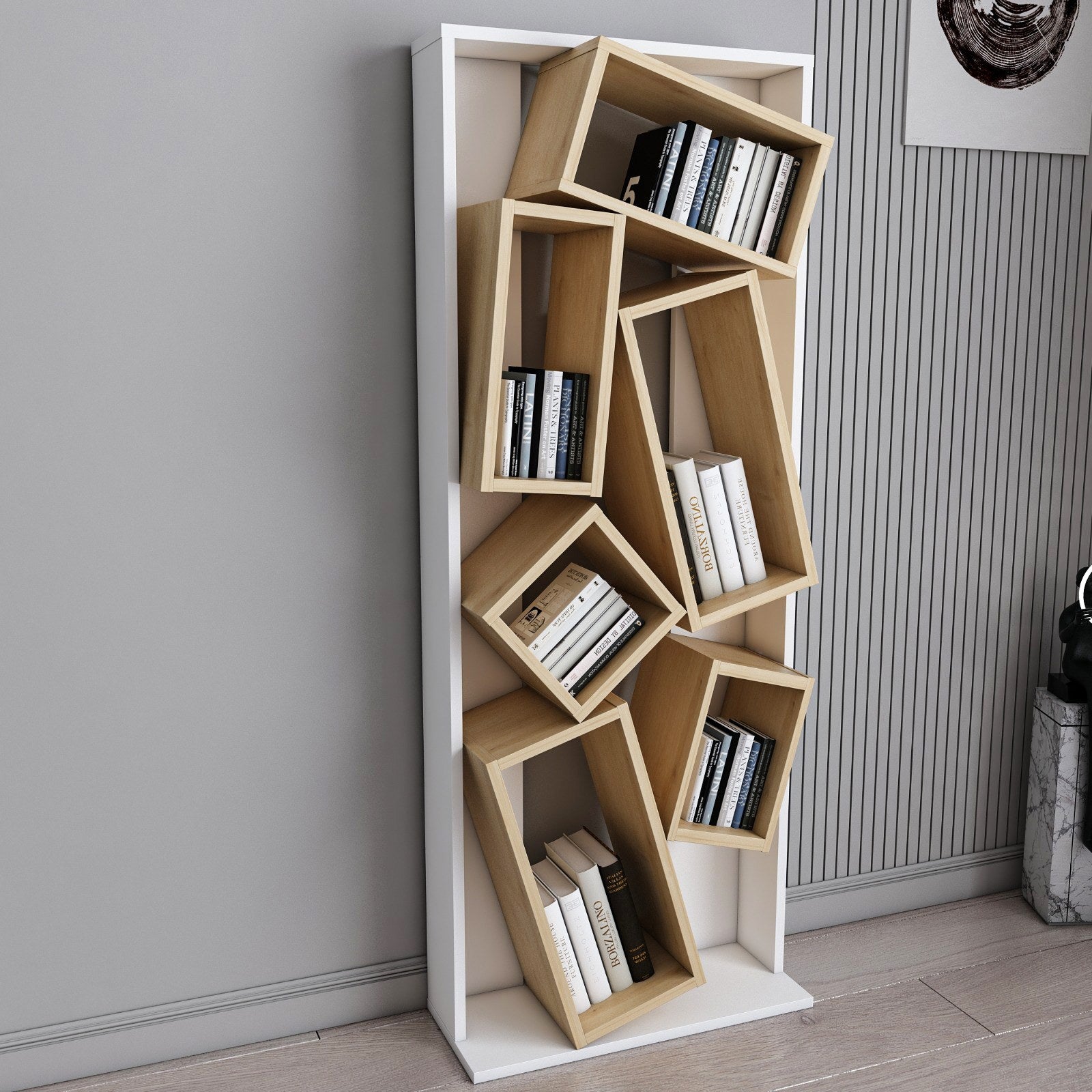 Estante elegante – 63 x 153,6 x 24 cm – branco e carvalho – painel de partículas revestido em melamina