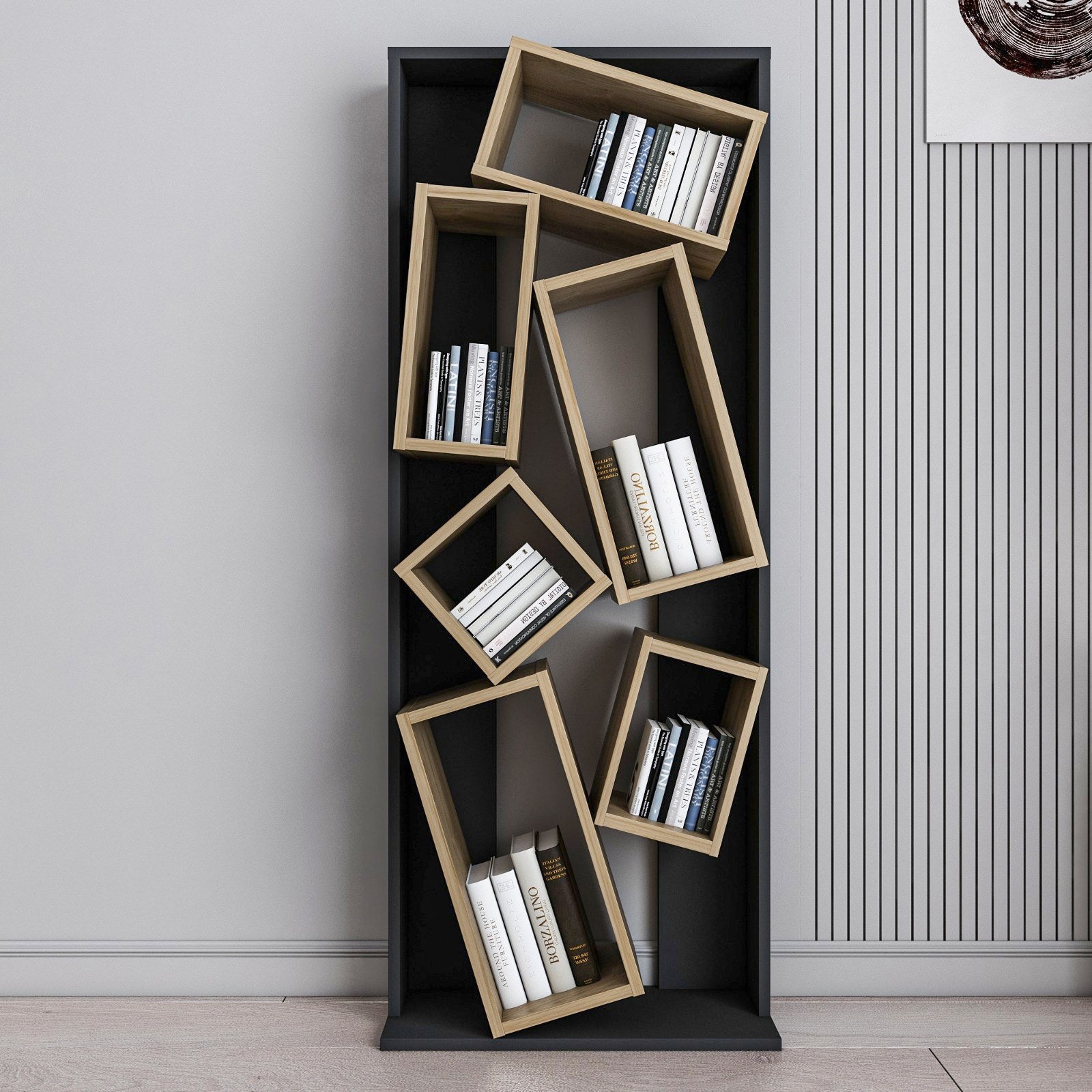 Estante elegante em preto e carvalho, 63 cm L x 153,6 cm A x 24 cm P | Painel de partículas 100% revestido em melamina, 18 mm de espessura | Perfeita para decoração moderna