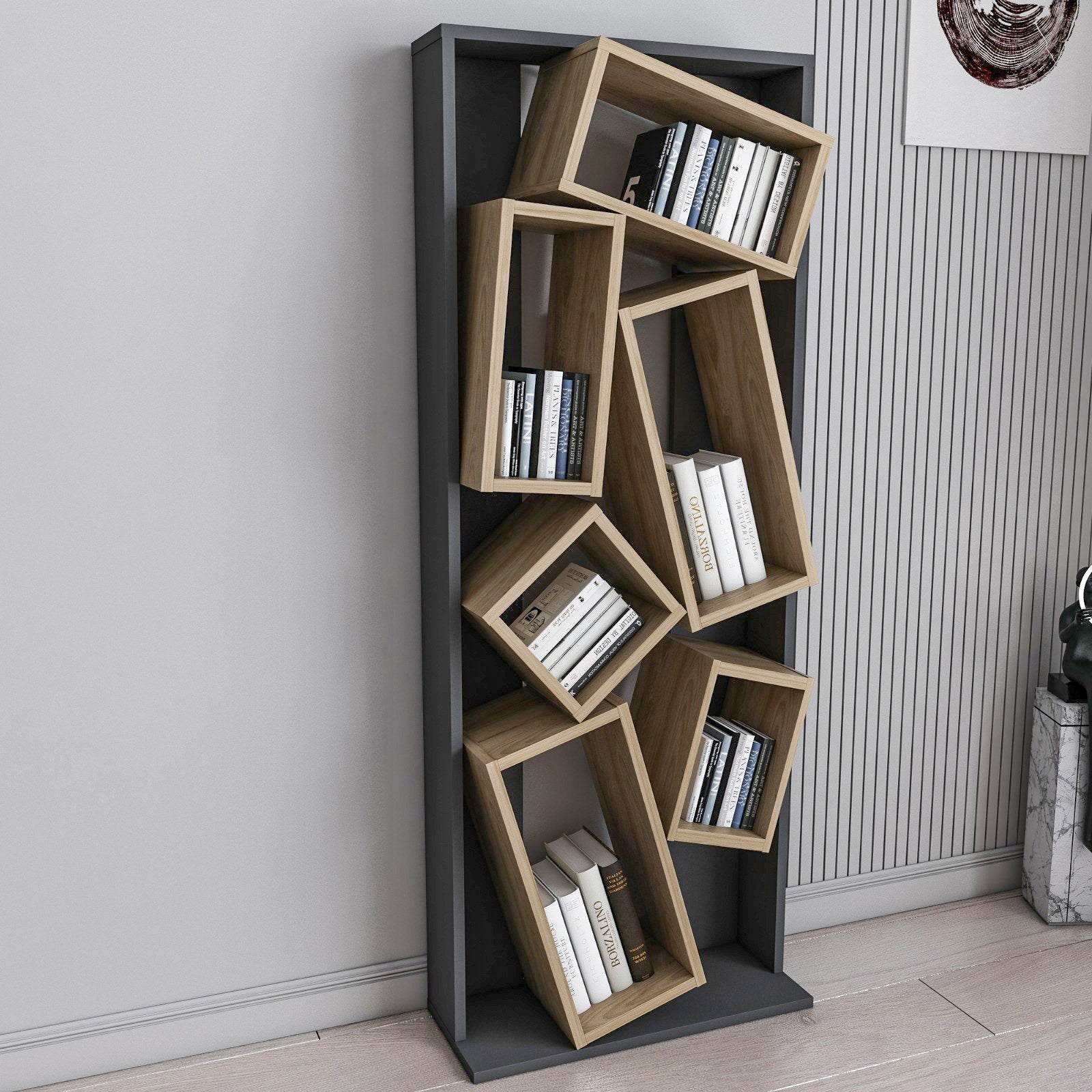 Estante elegante em preto e carvalho, 63 cm L x 153,6 cm A x 24 cm P | Painel de partículas 100% revestido em melamina, 18 mm de espessura | Perfeita para decoração moderna