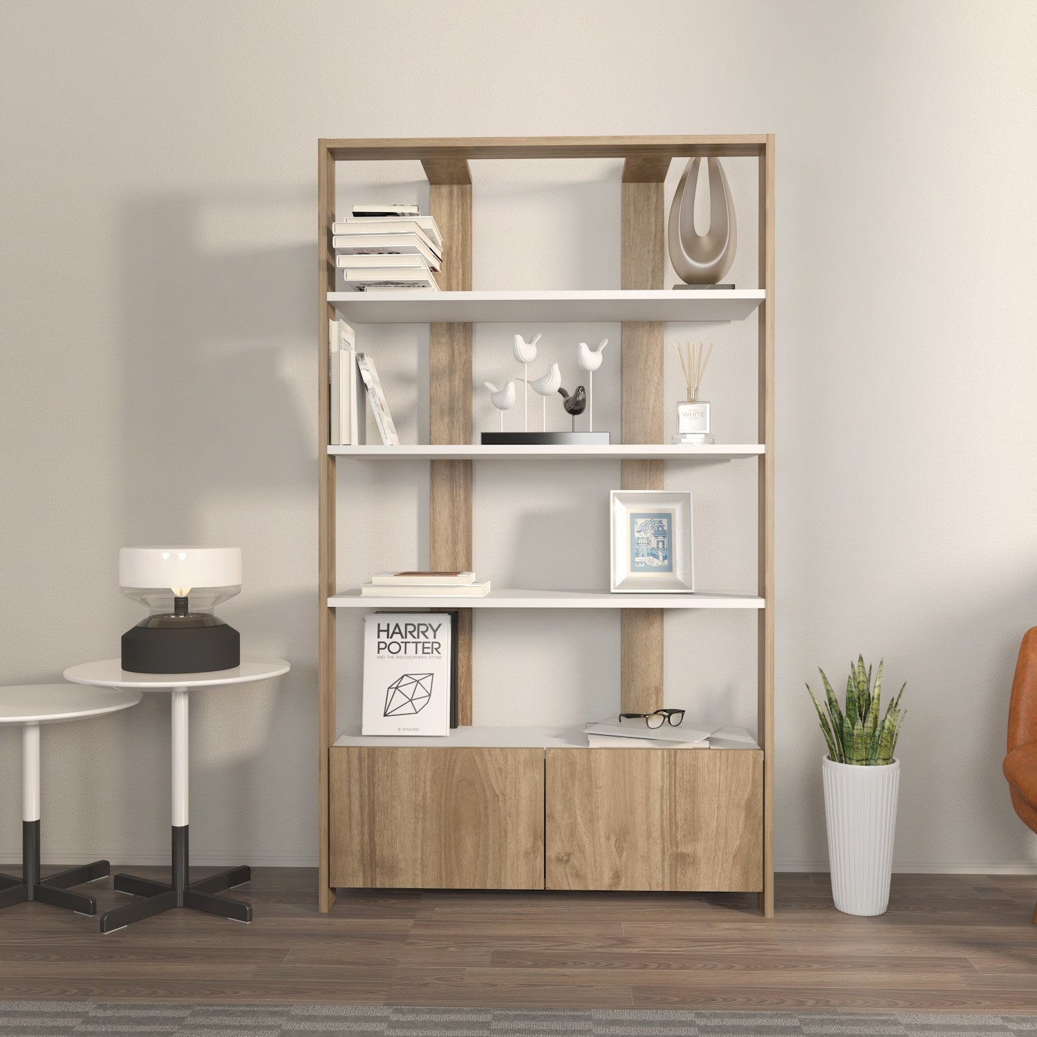 Estante Elegante, Branca e Nogueira, 93,6 x 31,5 x 160 cm | Painel de Partículas 100% Revestido com Melamina, 18 mm de Espessura | Armazenamento Elegante para Casas Modernas