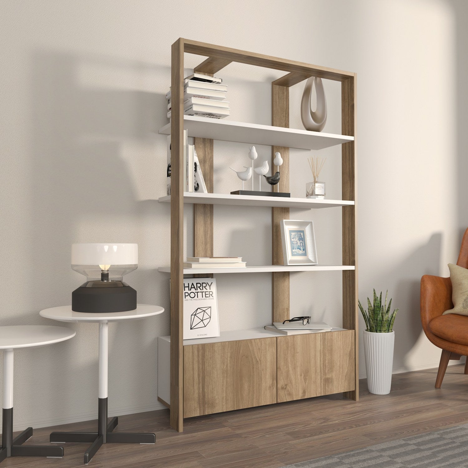 Estante Elegante, Branca e Nogueira, 93,6 x 31,5 x 160 cm | Painel de Partículas 100% Revestido com Melamina, 18 mm de Espessura | Armazenamento Elegante para Casas Modernas