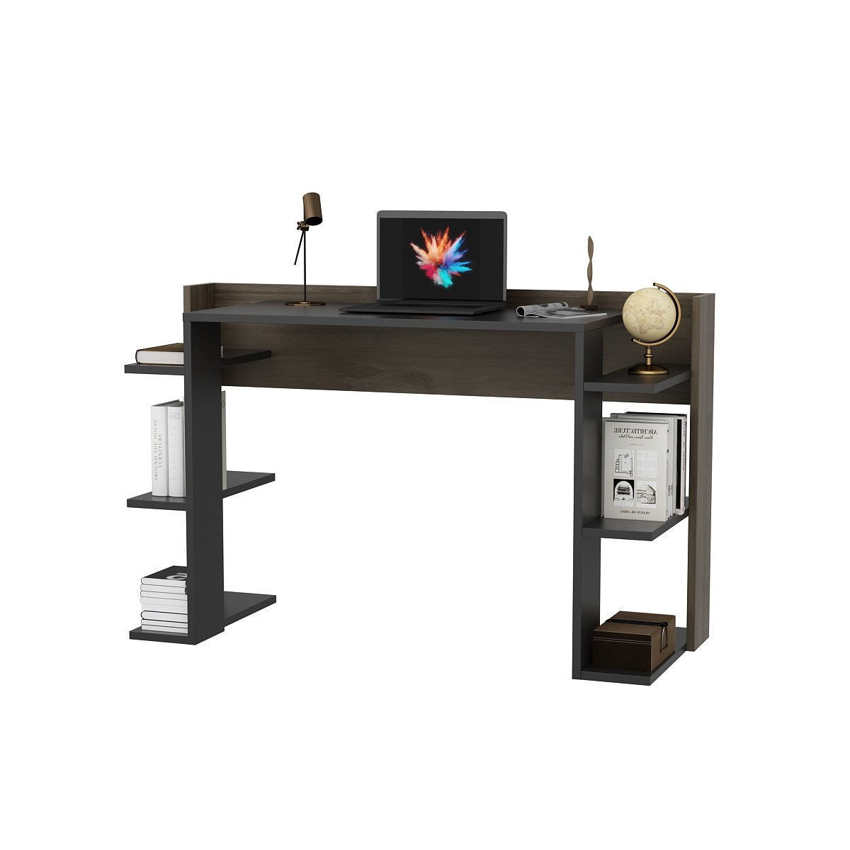 Secretária de Estudo/Escritório Elegante, Nogueira e Preto, 122,7 x 77 x 45 cm | Painel de Partículas 100% Revestido em Melamina, 18 mm de Espessura | Perfeita para Escritórios em Casa e Espaços de Estudo