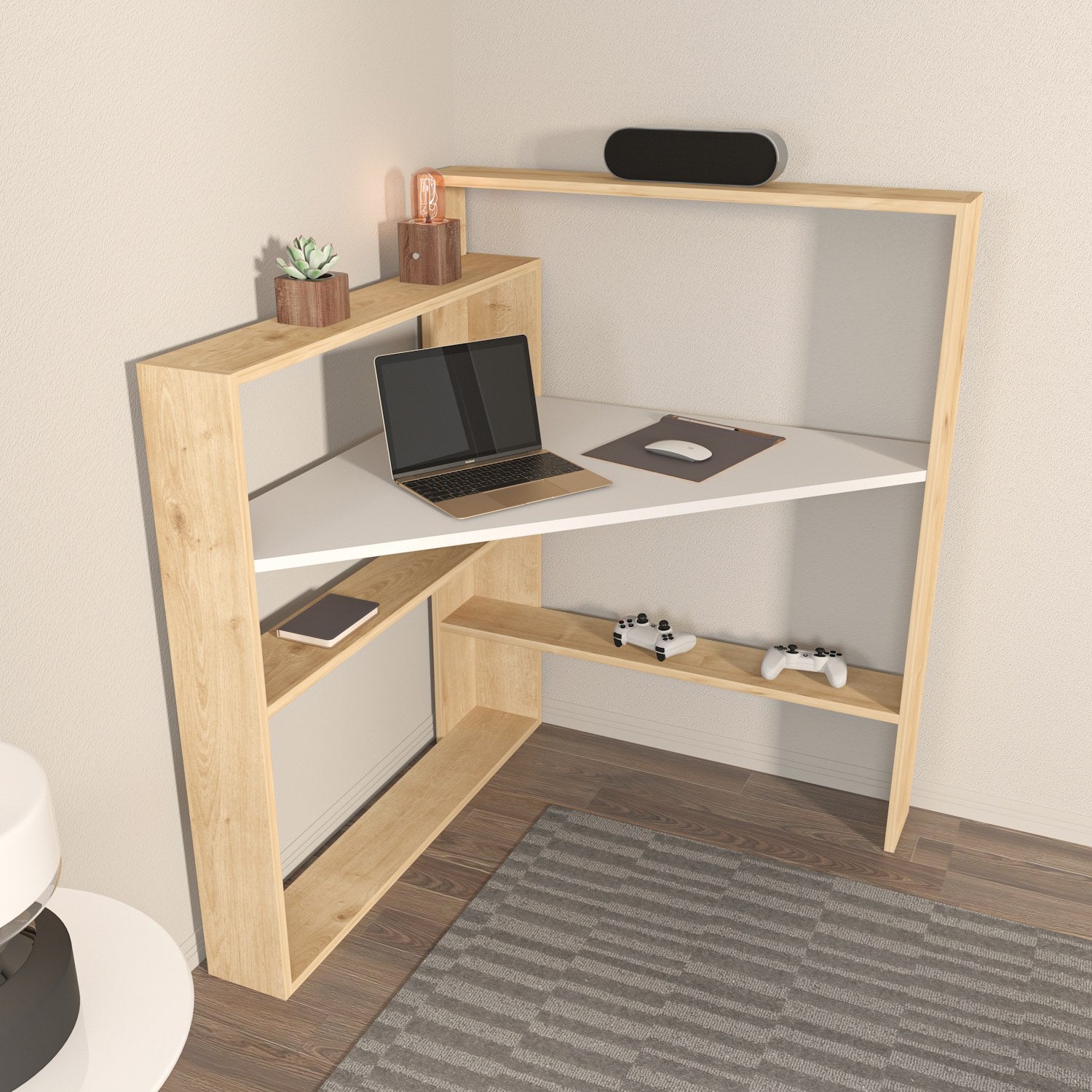 Secretária de Estudo/Escritório Moderna, Carvalho e Branco, 93,6 cm de Largura x 114 cm de Altura | Painel de Partículas 100% Revestido em Melamina, 18 mm de Espessura | Elegante e Funcional para Escritório em Casa