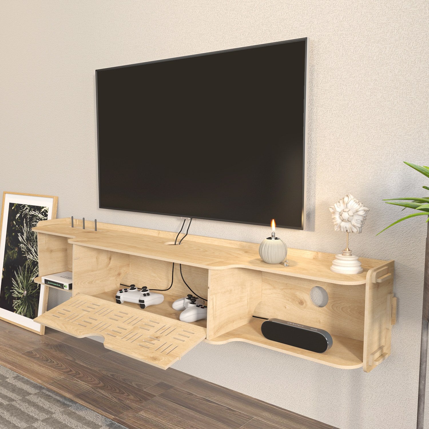 Móvel de TV elegante em carvalho, 140 cm x 25 cm x 25 cm | Painel de partículas 100% revestido em melamina, 8 mm de espessura | Perfeito para salas de estar e espaços de entretenimento modernos