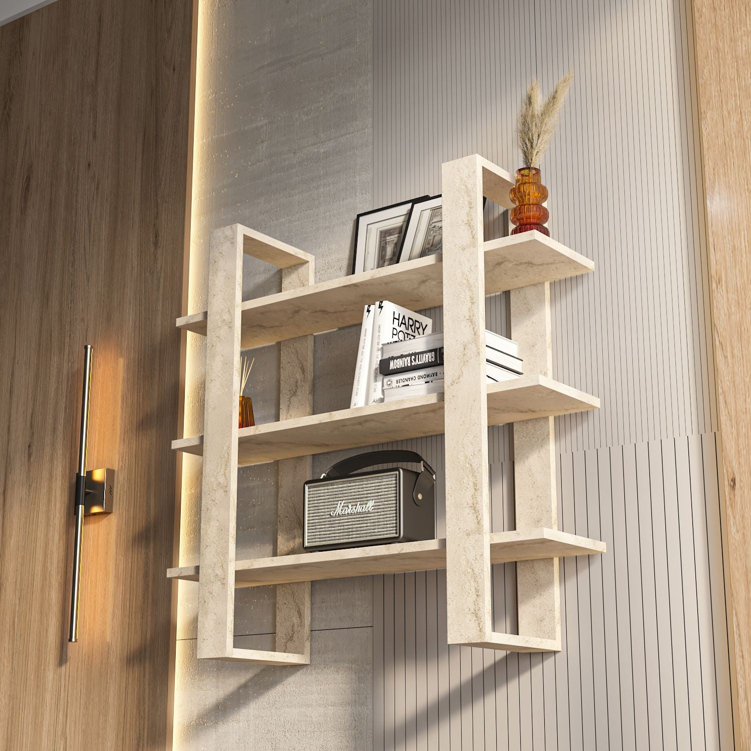 Prateleira de Parede – 90cm x 90cm x 22cm – Travertino – Painel de partículas revestido em melamina