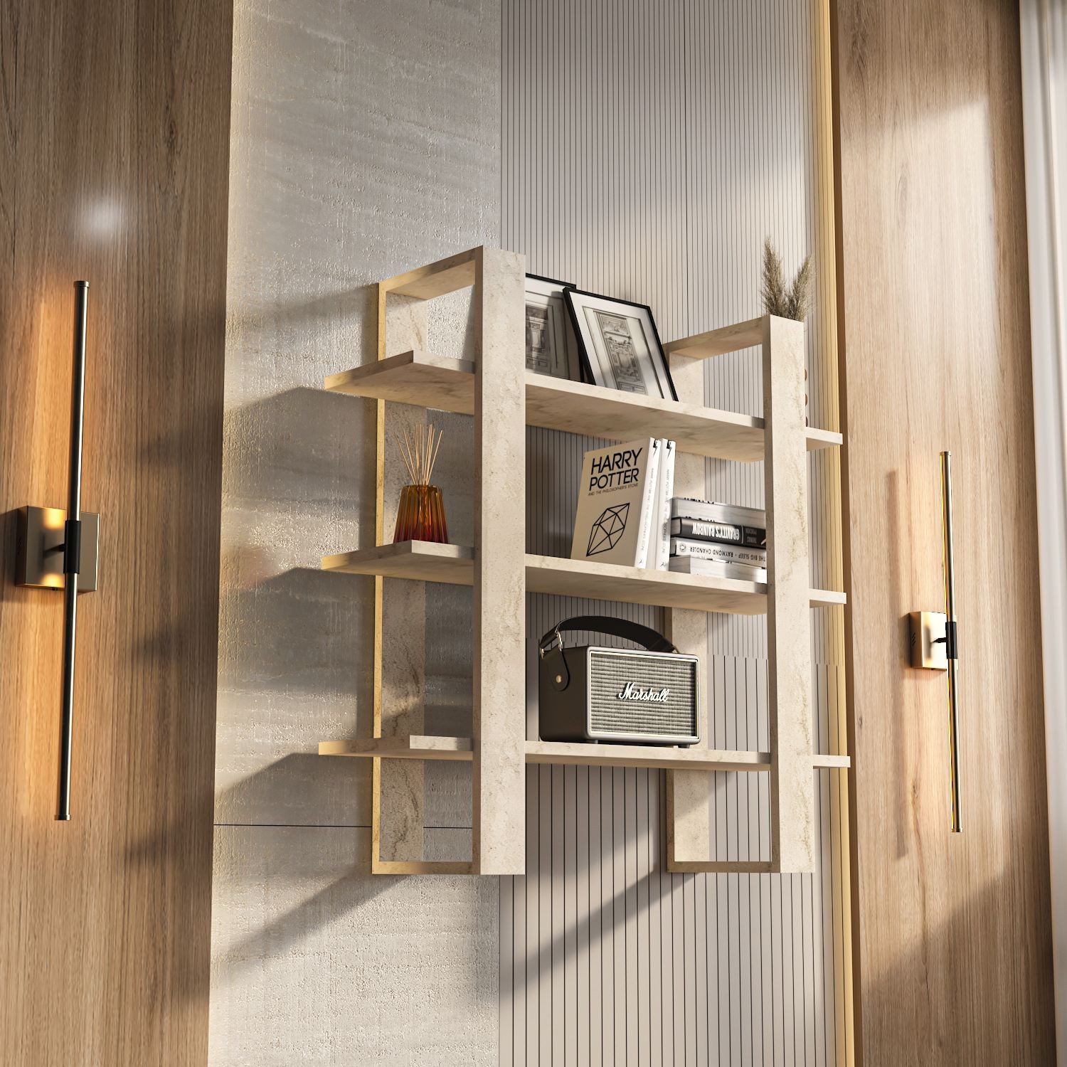 Prateleira de Parede – 90cm x 90cm x 22cm – Travertino – Painel de partículas revestido em melamina