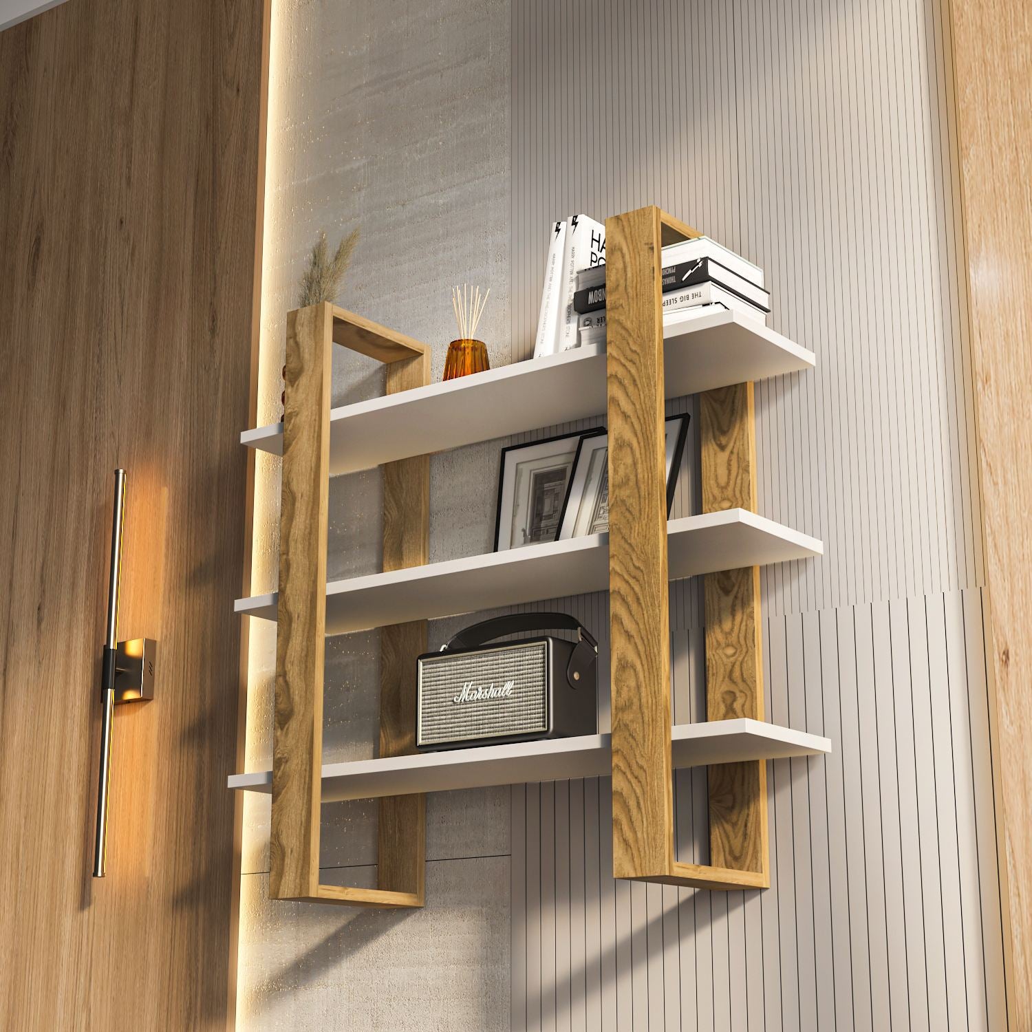Prateleira de Parede – 90cm x 90cm x 22cm – Carvalho Oud e Branco – MDF Revestido de Melamina