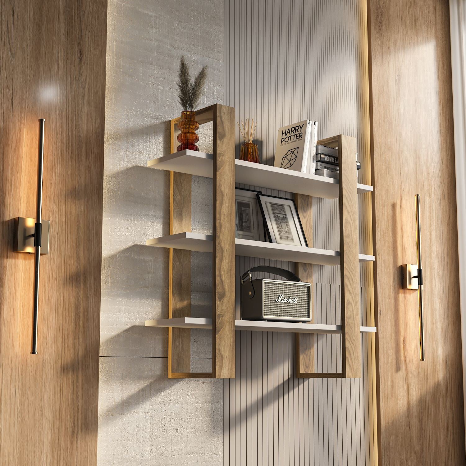 Prateleira de Parede – 90cm x 90cm x 22cm – Carvalho Oud e Branco – MDF Revestido de Melamina