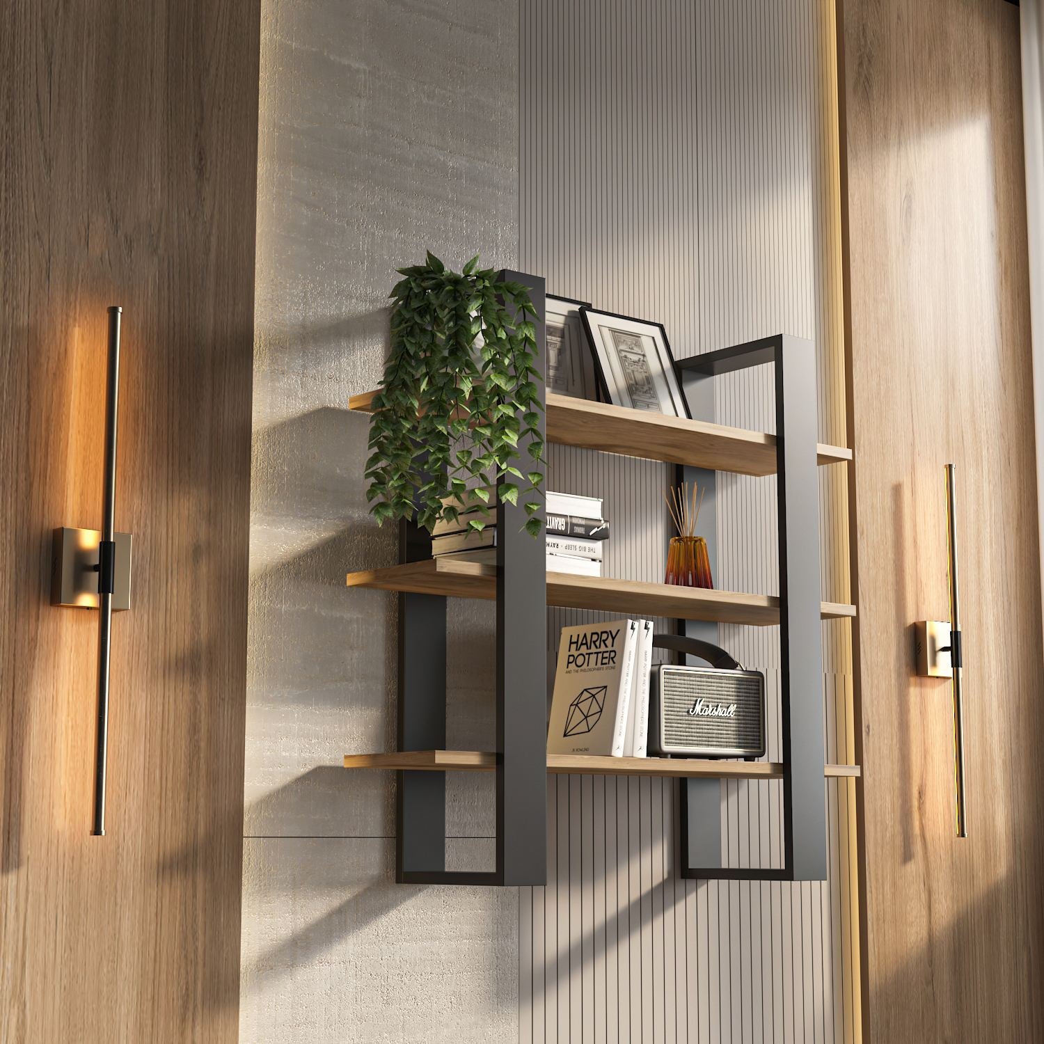Prateleira de Parede – 90 cm x 90 cm x 22 cm – Preto e Carvalho Oud – MDF Revestido de Melamina