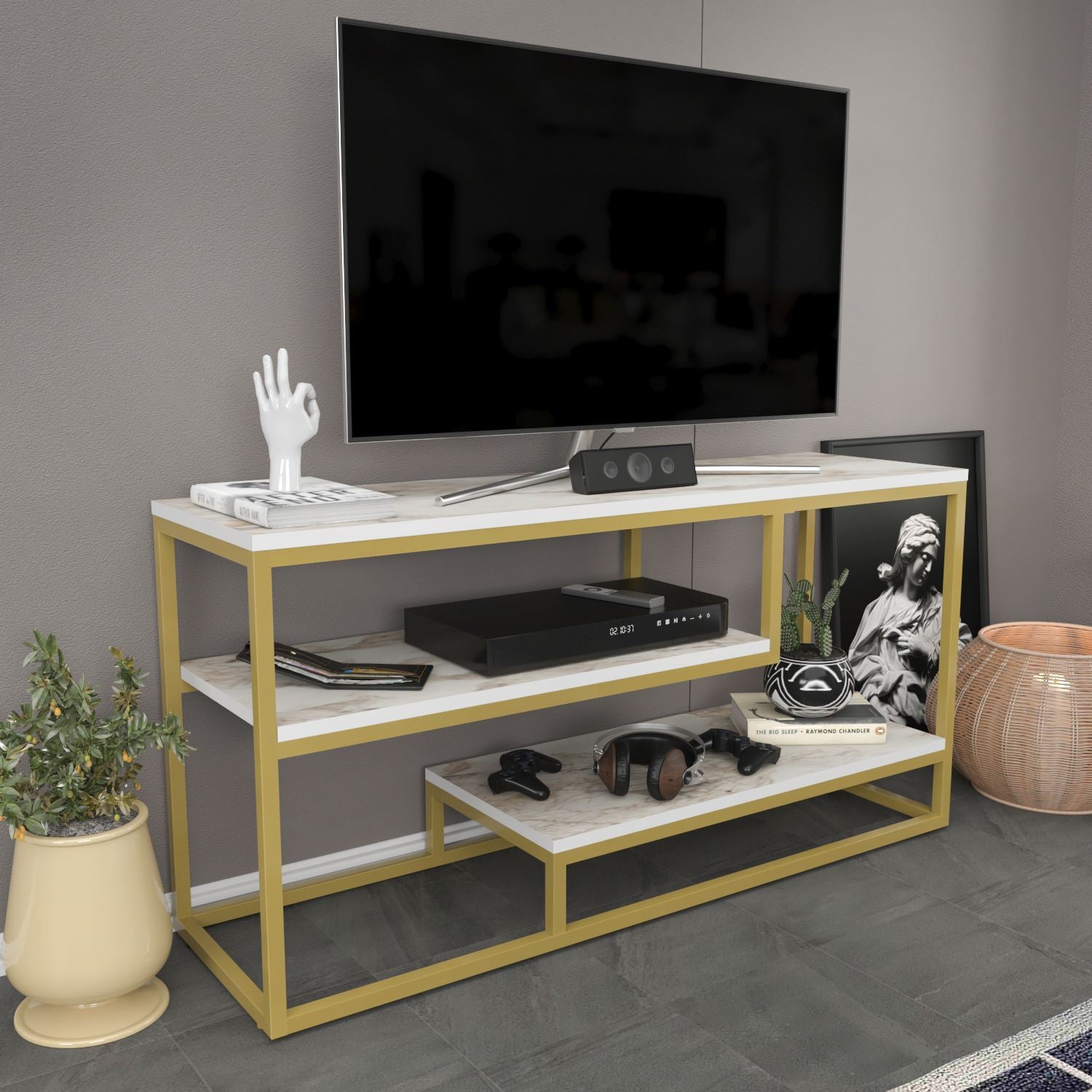 Móvel de TV – 120,2 cm x 60 cm x 35,2 cm – Éfeso e Ouro – MDF