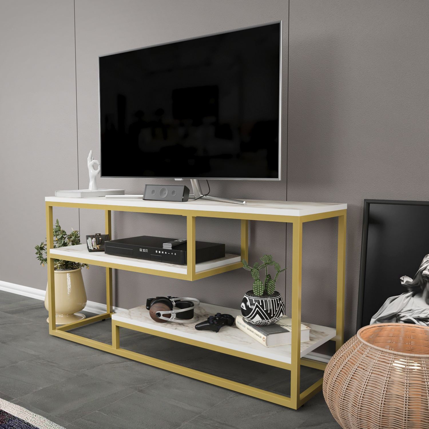 Móvel de TV – 120,2 cm x 60 cm x 35,2 cm – Éfeso e Ouro – MDF