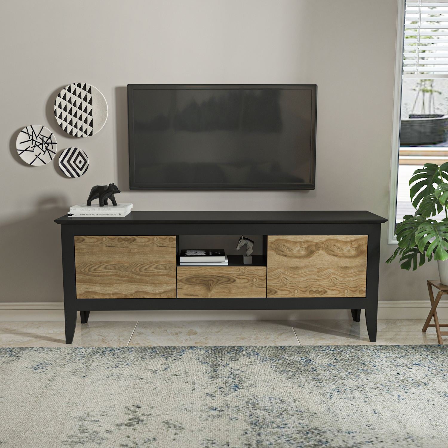 Móvel de TV – 150cm x 59cm x 35cm – Preto e Carvalho Oud – Painel de partículas revestido em melamina