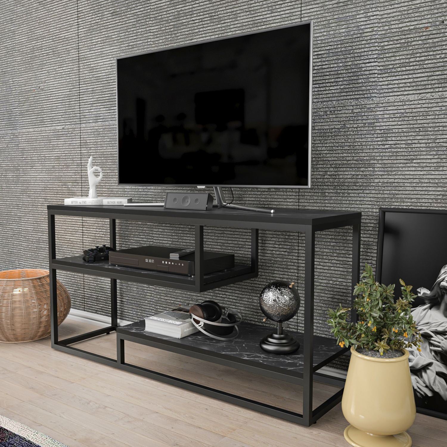 Móvel de TV – 120,2 cm x 60 cm x 35,2 cm – Preto e Branco – Aglomerado revestido de melamina