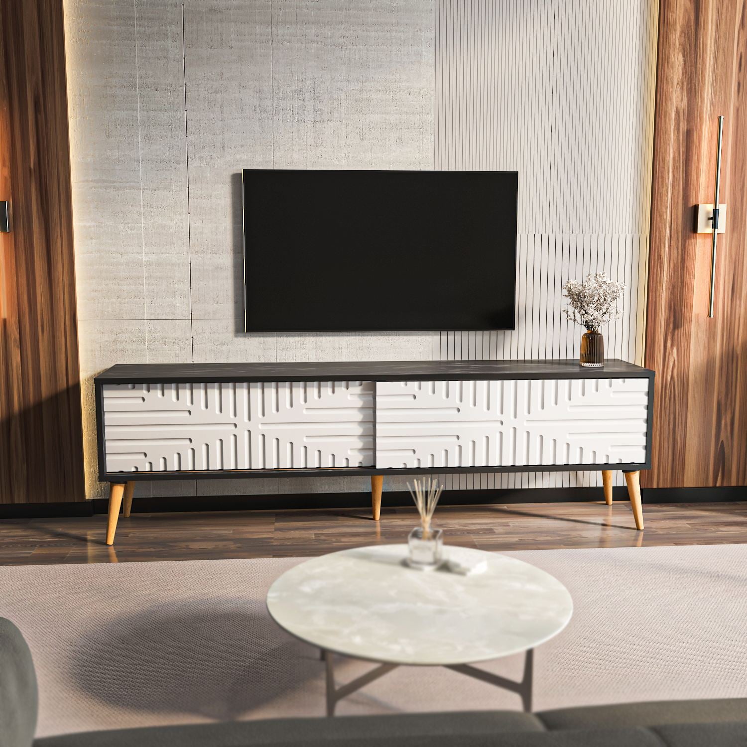 Móvel de TV – 180cm x 54cm x 35cm – Preto e Branco – Aglomerado revestido de melamina