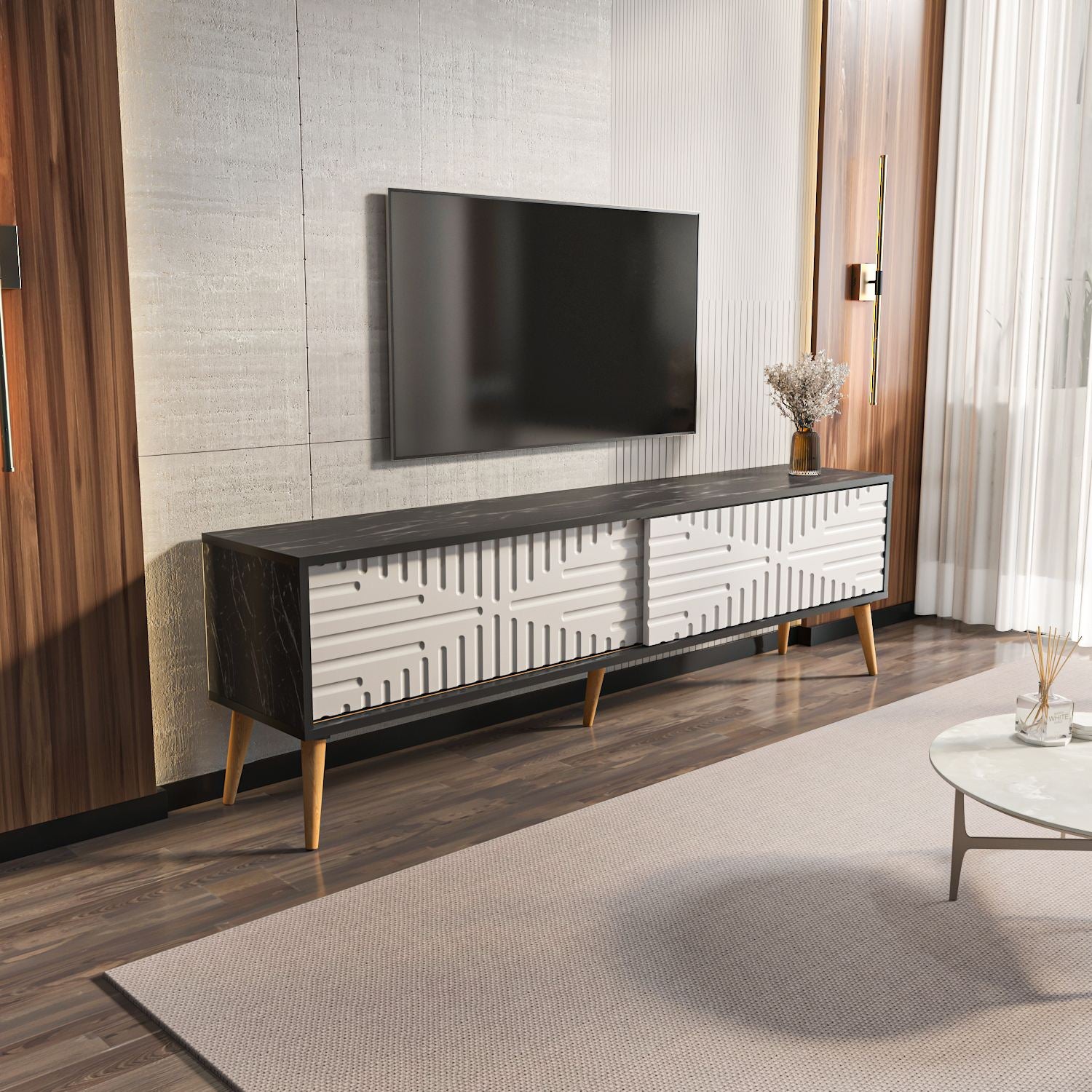 Móvel de TV – 180cm x 54cm x 35cm – Preto e Branco – Aglomerado revestido de melamina