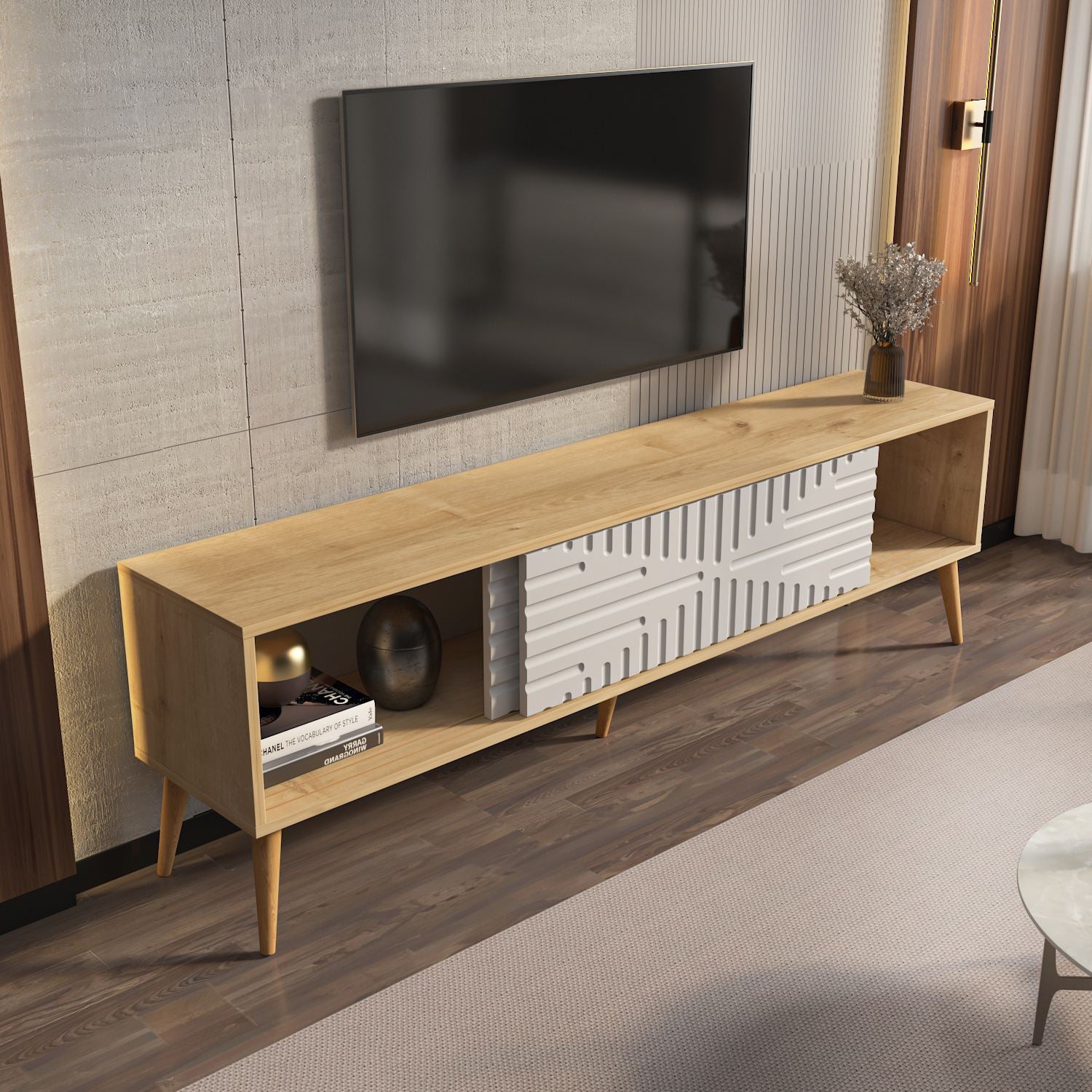 Móvel de TV – 180 cm x 54 cm x 35 cm – Carvalho Safira e Branco – MDF