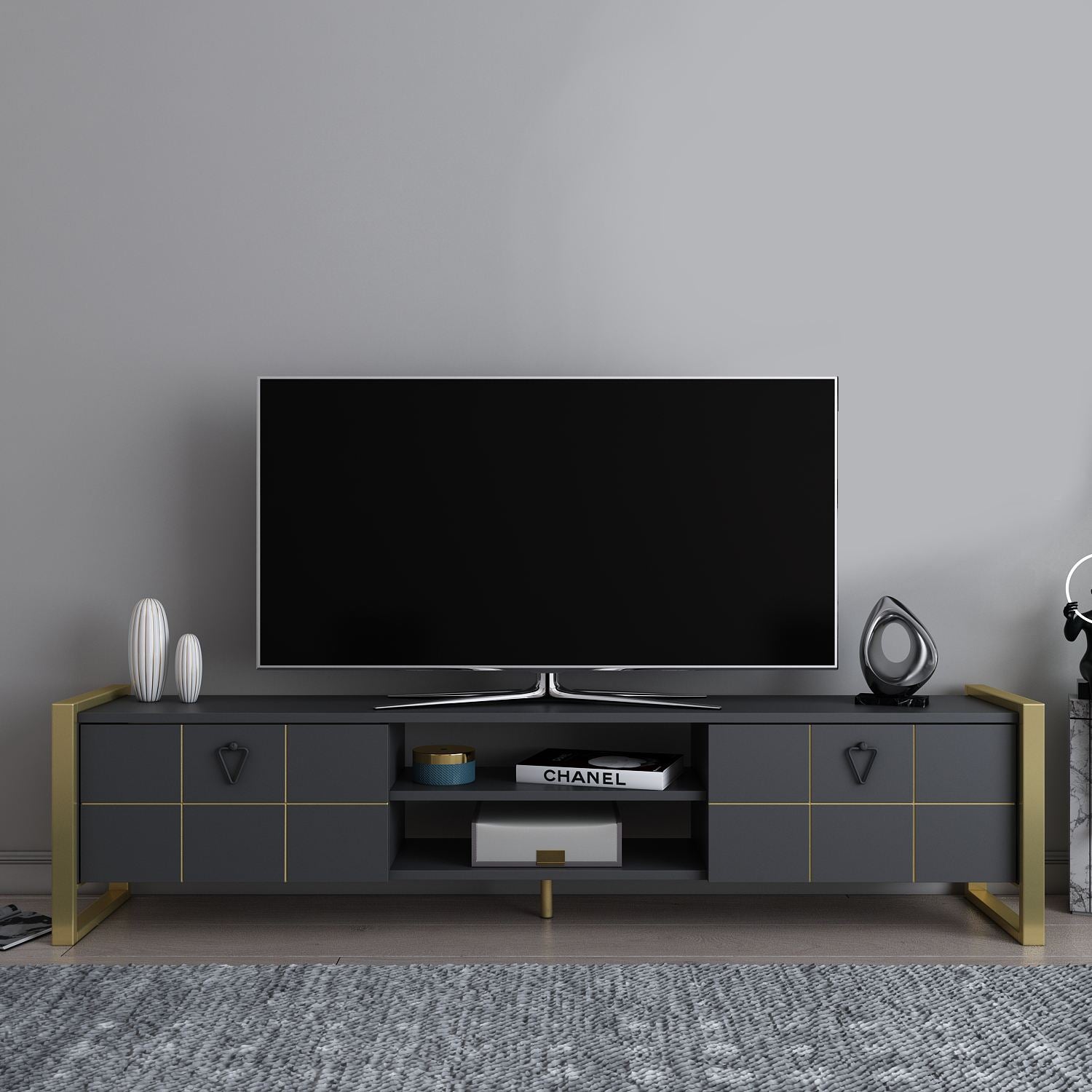 Móvel de TV – 184cm x 45cm x 34cm – Antracite e Ouro – MDF