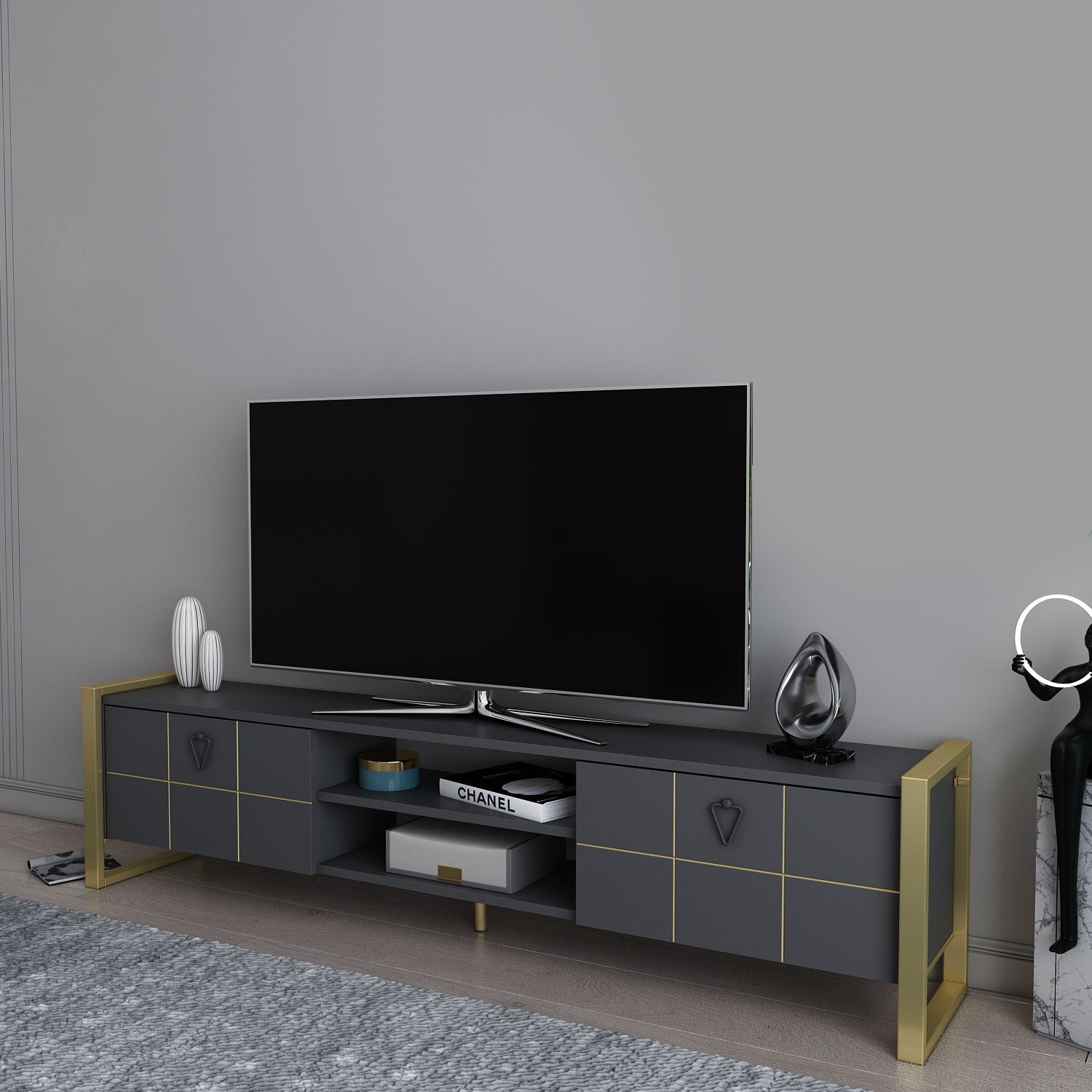 Móvel de TV – 184cm x 45cm x 34cm – Antracite e Ouro – MDF