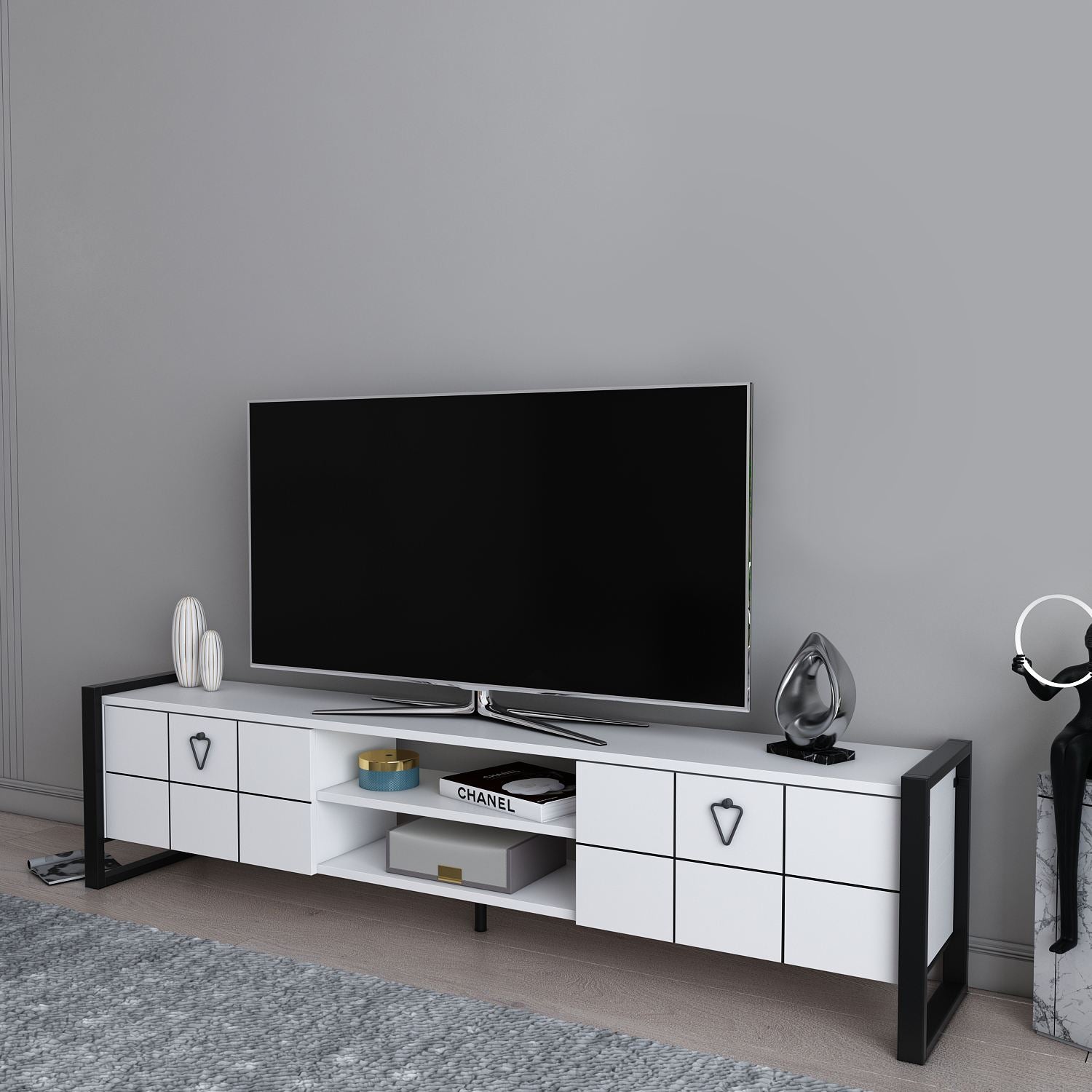 Móvel de TV – 184cm x 45cm x 34cm – Branco e Preto – MDF