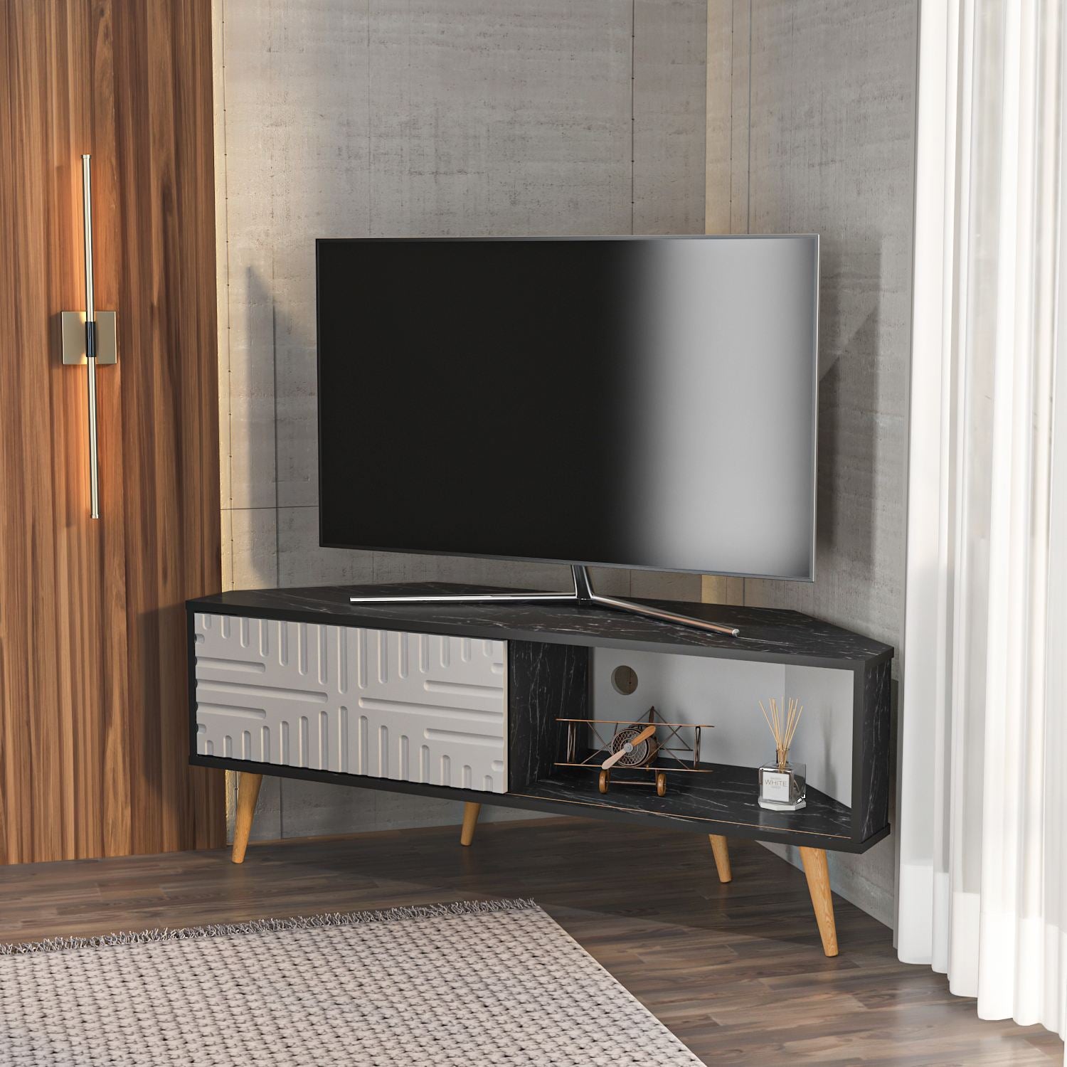 Móvel de TV – 140 cm x 54 cm x 45 cm – Preto e Branco – Painel de partículas em melamina