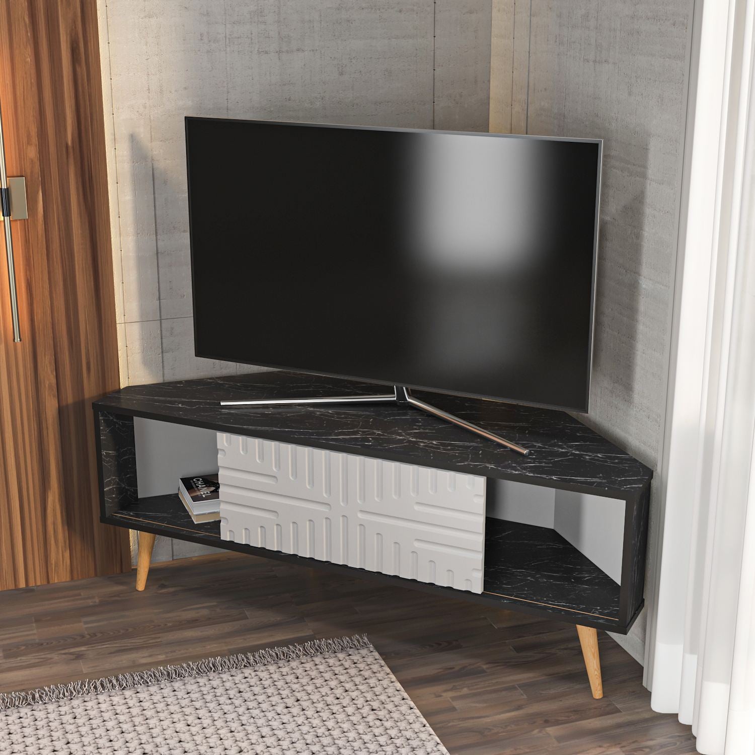 Móvel de TV – 140 cm x 54 cm x 45 cm – Preto e Branco – Painel de partículas em melamina