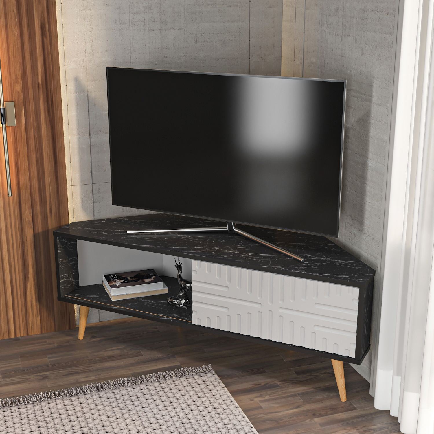 Móvel de TV – 140 cm x 54 cm x 45 cm – Preto e Branco – Painel de partículas em melamina