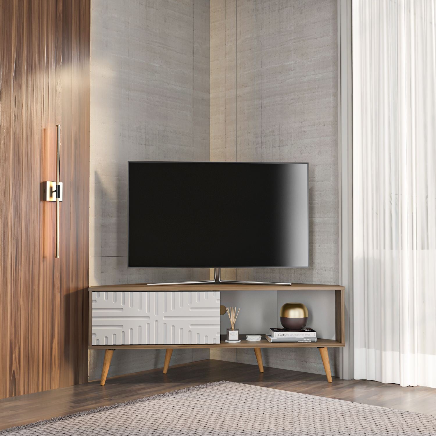 Móvel de TV – 140 cm x 54 cm x 45 cm – Nogueira e Branca – Painel de partículas revestido em melamina